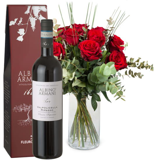 12 Red Roses With Greenery And Ripasso Albino Armani Doc (75 Cl)