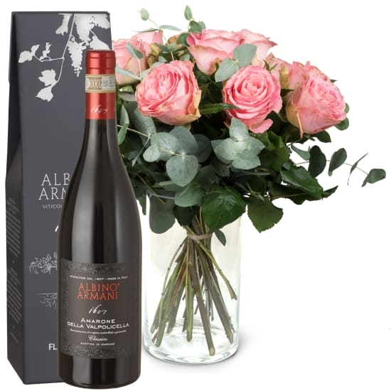 12 Pink Roses with greenery and Amarone Albino Armani DOCG (75 cl)