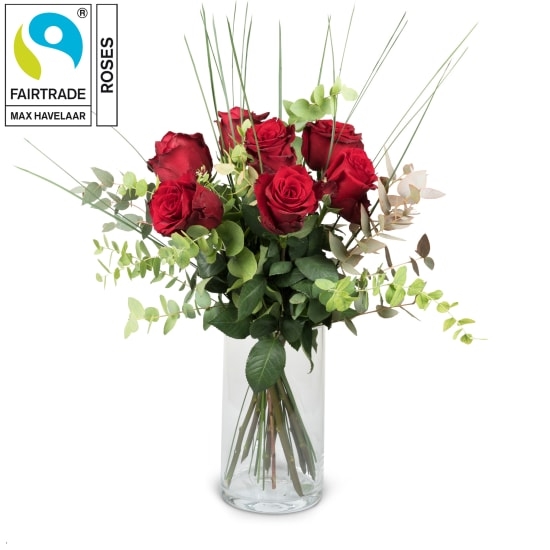 7 Red Fairtrade Max Havelaar-Roses with greenery