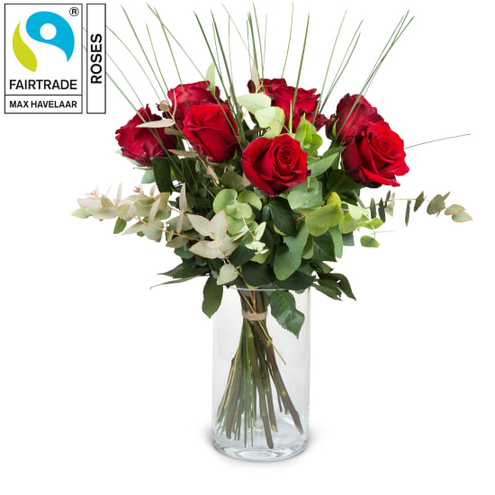 9 Red Fairtrade Max Havelaar-Roses With Greenery (Minimum)