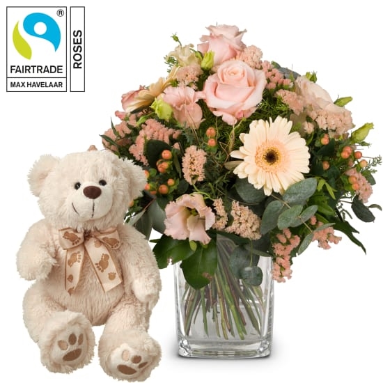Delicate Seasonal Bouquet with Fairtrade Max Havelaar-Roses with teddy bear (Minimum)