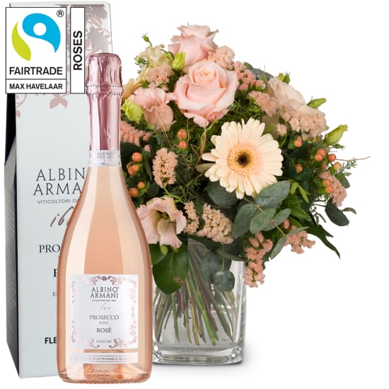 Delicate Seasonal Bouquet with Fairtrade Max Havelaar-Roses and Prosecco Rose Albino Armani DOC (Minimum)