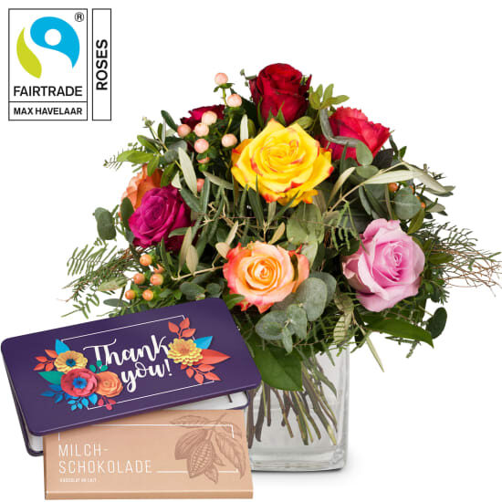 Bellissima with Fairtrade Max Havelaar-Roses and Munz bar of chocolate Â«Thank youÂ» (Minimum)
