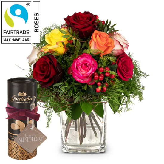 Magic of Roses with Fairtrade Max Havelaar-Roses with Gottlieber cocoa almonds and hanging gift tag «Happy Birthday» (Minimum)