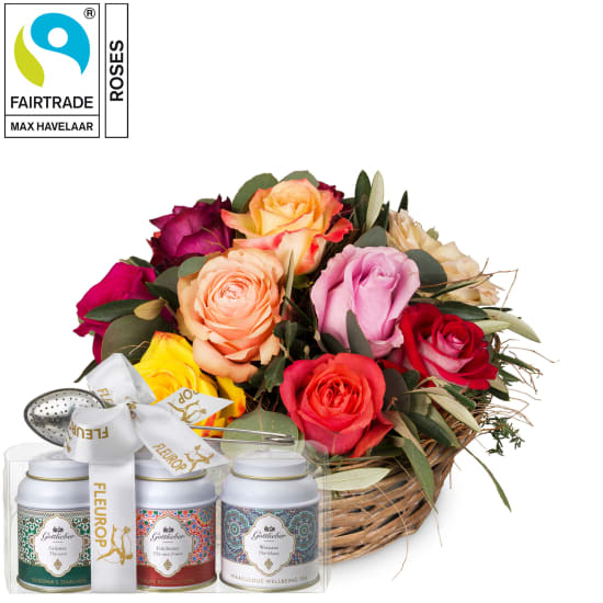 A Basket Full of Fairtrade Max Havelaar-Roses with Gottlieber tea gift set (Minimum)