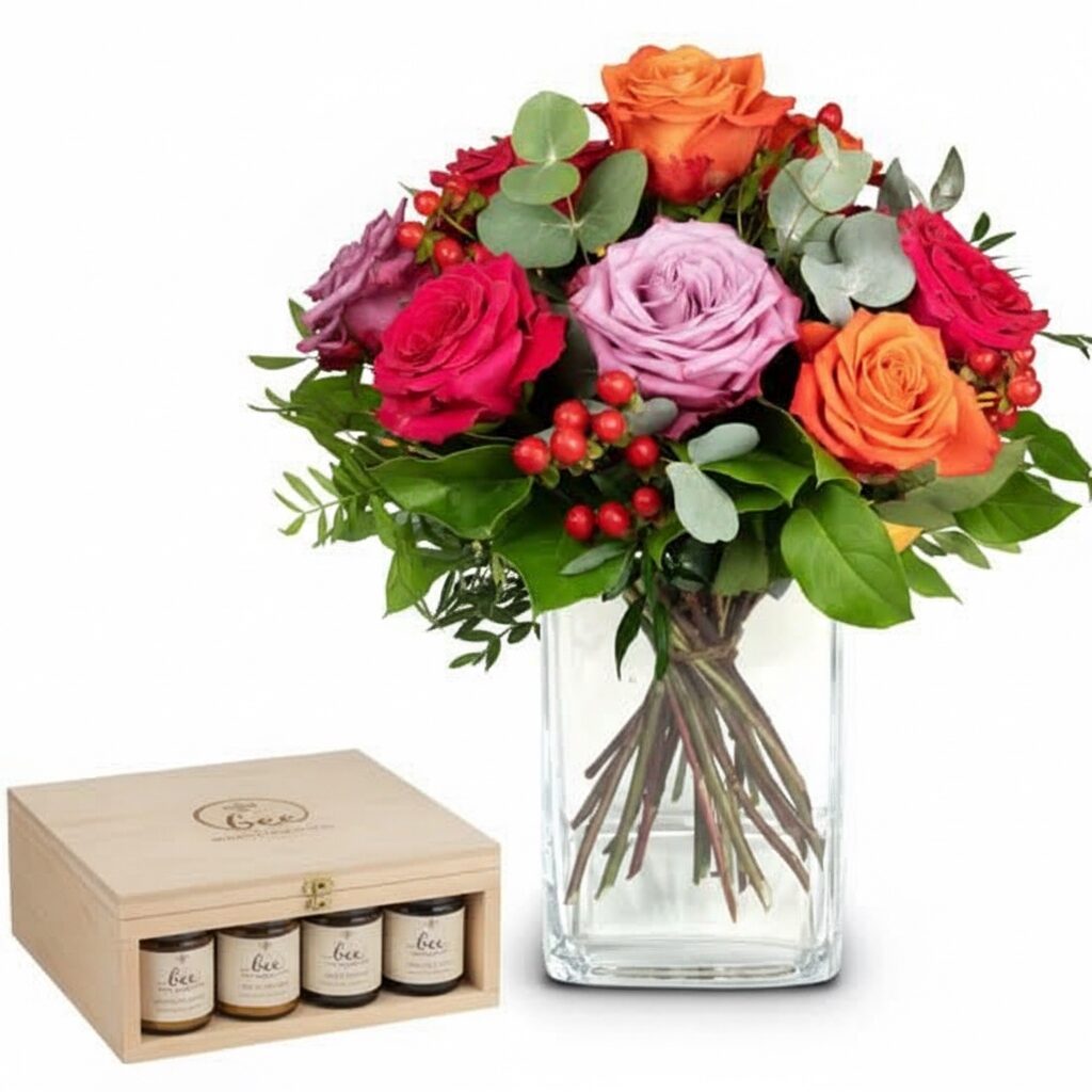 Flower bouquet «Color Dream» with Fairtrade Max Havelaar Roses and Bee-Family honey gift set (Minimum)