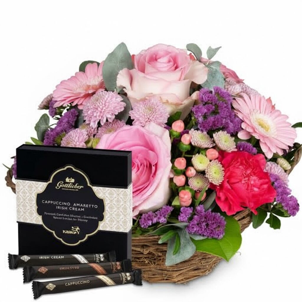 Flower arrangement «Lovely Surprise» with Fairtrade Max Havelaar-Roses and Gottlieber Hüppen «Special Edition for Fleurop» (Minimum)