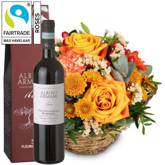 Flower arrangement «Pura Vida» with Fairtrade Max Havelaar Roses and Ripasso Albino Armani DOC (Minimum)