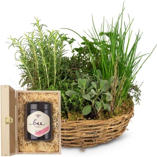 Little herb garden with Bee-Family Swiss blossom honey