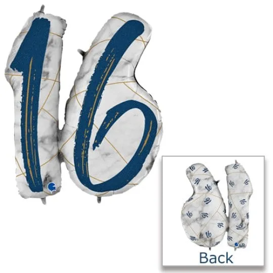 36 Inch Marble Mate blue Number 16 Foil Balloon
