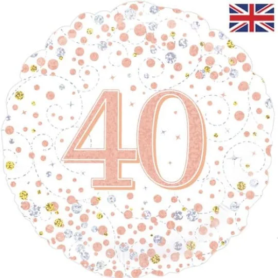 18 Inch 40th Birthday White & Rose gold Fizz Foil Balloon