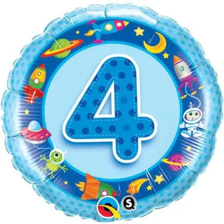 Age 4 blue Spaceships & Aliens Qualatex Foil Balloon - 18"