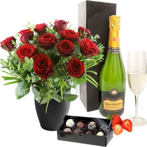 Twelve roses with Bubbly & chocolates
