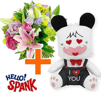 Hello Spank with 12" Black T-Shirt + Flowers (Classic Composition)